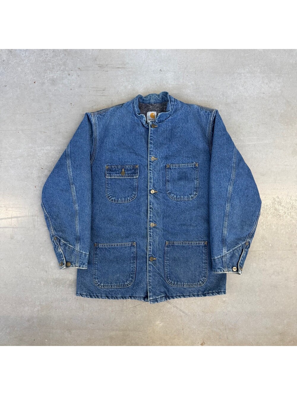 Vintage 90s Carhartt Denim Chore Fleece Lined Button Up Jacket Blue Medium